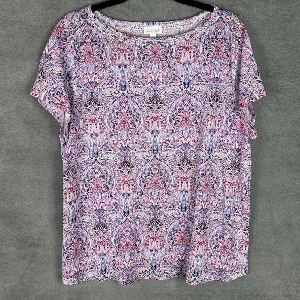 J Jill Top Womens Large Pink Paisley Love Linen Short Sleeve Beach Resort Preppy